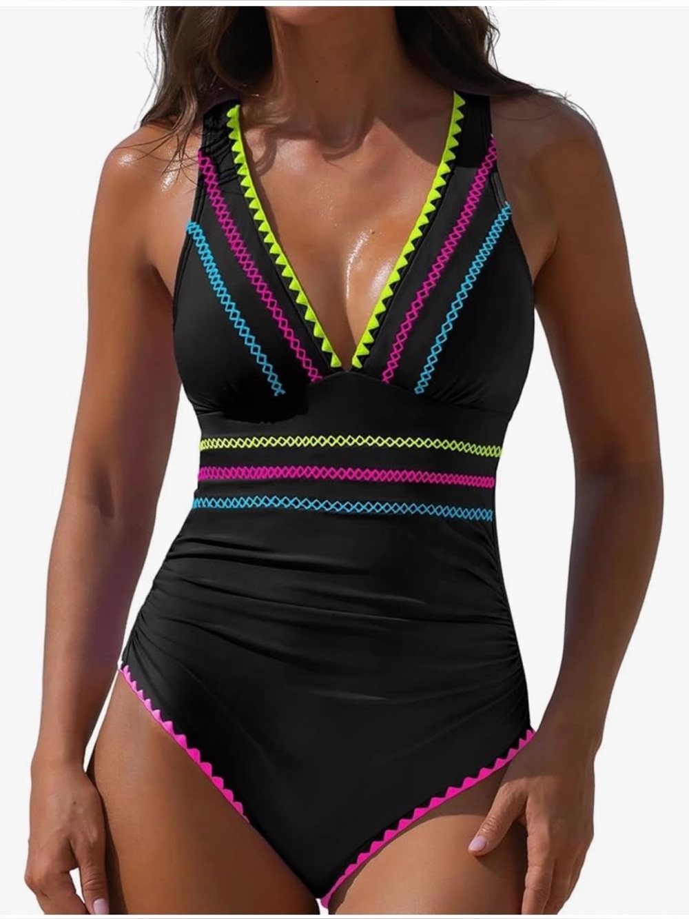 Black V-Neck One-Piece Swimsuit with Pink & Gold Trim